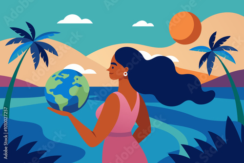 woman holding globe on exotic beach