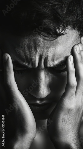 Closeup of a young professional's hands gripping their head, eyes shut tightly, indicating a migraine or burnout