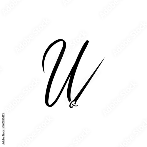 script letter initial u with sewing needle logo