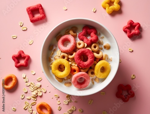 Muesli in a bowl, with copy space, featuring a top view of a healthy breakfast, with granola, fruit, oat, and milk, as a nutritious food and meal option (21)