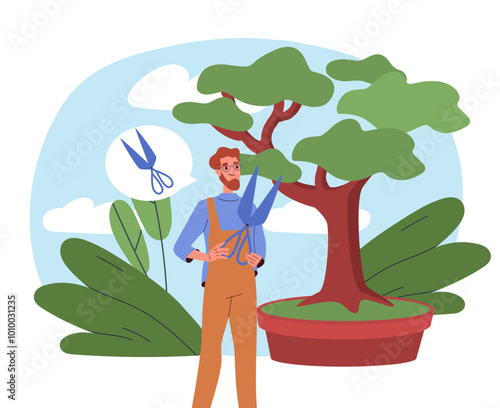 Man cuts leaves. Young guy with secataros in uniform trims branches and foliage of trees. Gardening and botany, horticulture. Person at backyard. Flat vector illustration isolated on white background