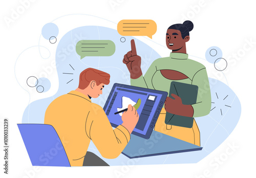 Mentorship in office. Woman giving instructions to man. Business education and learning. Boss with subordinate at workplace. Flat vector illustration isolated on white background