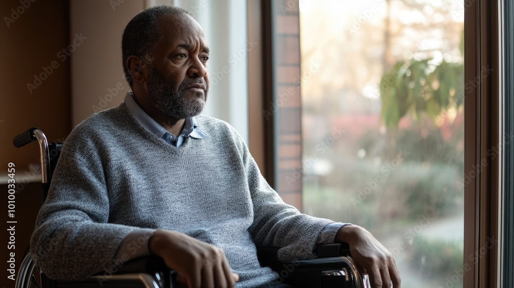 Elderly Black Man in Wheelchair Looking Out Window Elderly Black Man in Wheelchair Looking Out Window