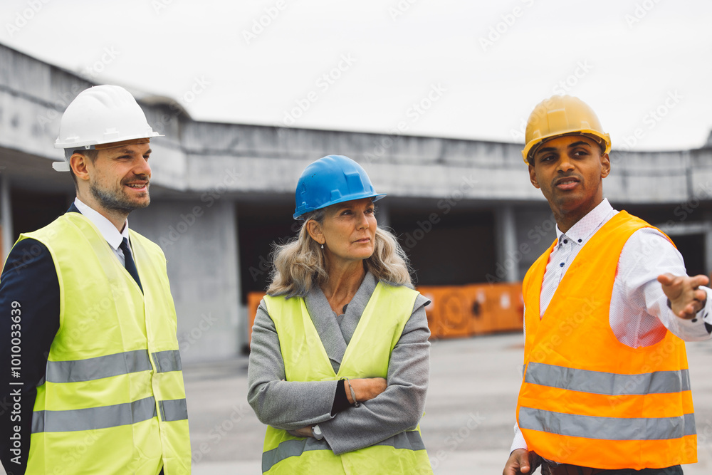 Construction industry and engineering - engineers, architects and contractors on the construction site analyzing the development of the building Construction industry and engineering - engineers, architects and contractors on the construction site analyzing the development of the building