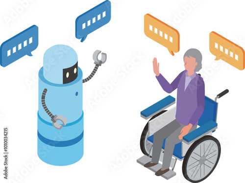 介護ロボットと会話する高齢女性