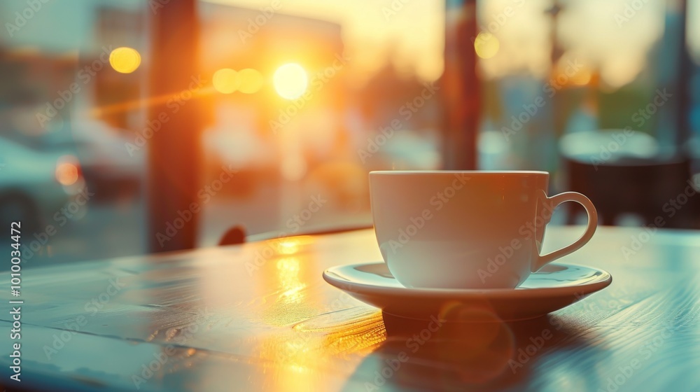 A white coffee cup on a saucer sits on a table during sunset, with a blurred street scene visible through the windows. The setting exudes a warm and cozy atmosphere. A white coffee cup on a saucer sits on a table during sunset, with a blurred street scene visible through the windows. The setting exudes a warm and cozy atmosphere.