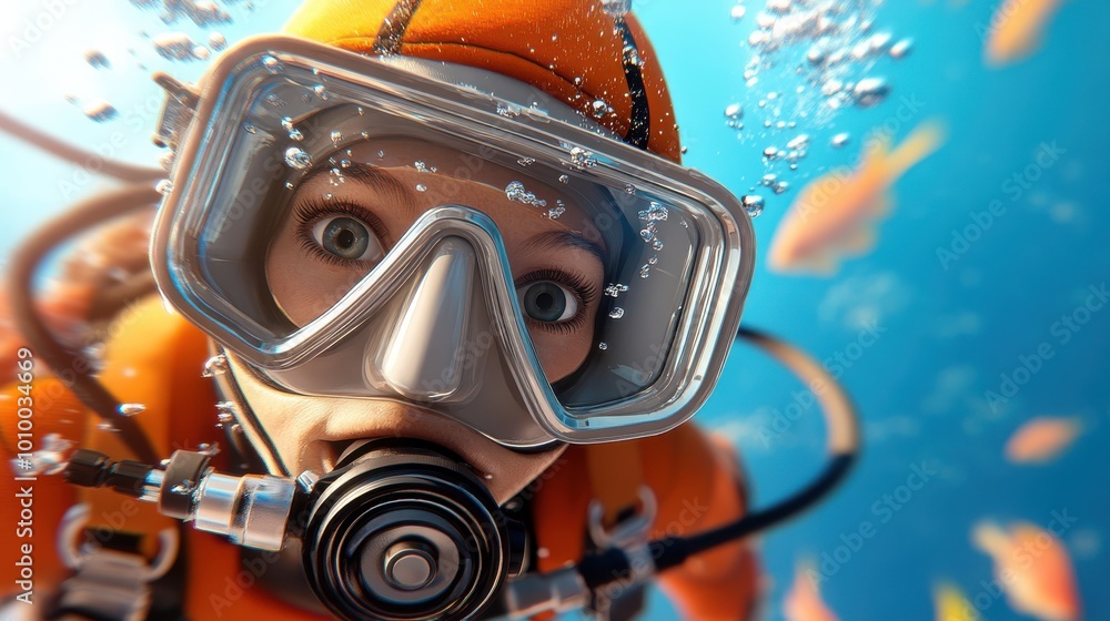 A diver wearing a bright orange suit and mask explores the underwater world, filled with colorful fish and bubbles, highlighting adventure and marine exploration. A diver wearing a bright orange suit and mask explores the underwater world, filled with colorful fish and bubbles, highlighting adventure and marine exploration.