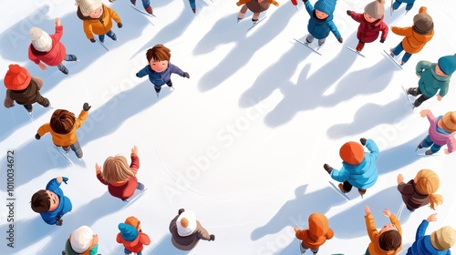 A top-down view of children joyfully ice skating on a winter ice rink, surrounded by snow, depicting togetherness, happiness, and the spirit of winter festivities.