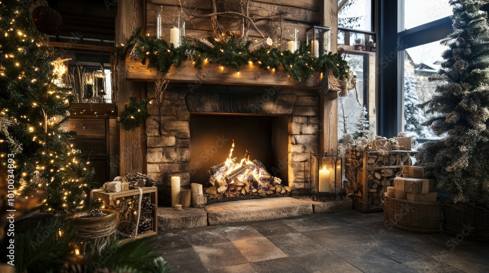 Cozy stone fireplace decorated with garlands, candles, and christmas trees, creating a warm festive atmosphere for christmas and new year celebrations Cozy stone fireplace decorated with garlands, candles, and christmas trees, creating a warm festive atmosphere for christmas and new year celebrations