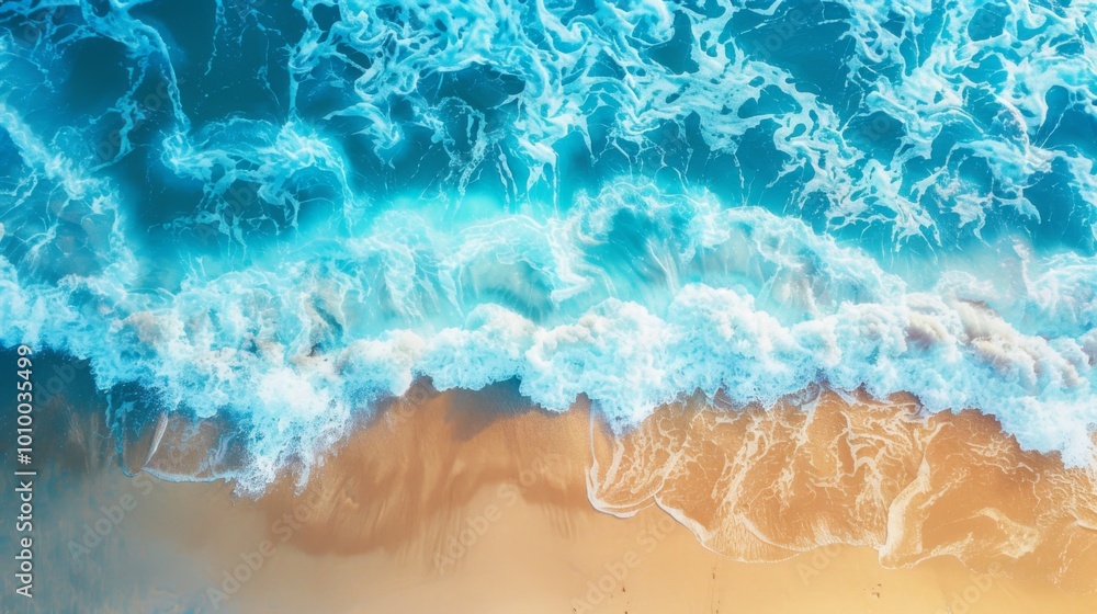 An aerial perspective of blue sea waves gently flowing to meet the golden sandy beach, exhibiting a peaceful yet energetic natural symphony of the coast. An aerial perspective of blue sea waves gently flowing to meet the golden sandy beach, exhibiting a peaceful yet energetic natural symphony of the coast.