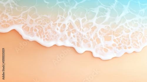 A serene view of ocean waves softly lapping against a sandy beach, showcasing a calming transition from seafoam green water to warm golden sand.