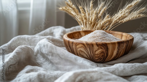 Birch sugar, xylitol-based sweetener in a wooden bowl on a linen cloth, natural food photo