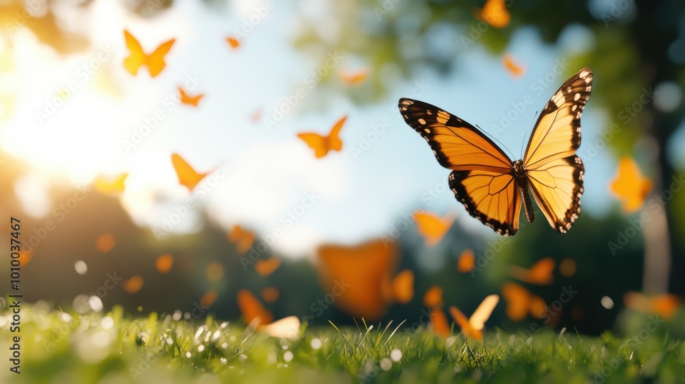 An enchanting monarch butterfly captured in mid-flight amongst a vibrant swarm, basking in the sunlight in a verdant outdoor setting, symbolizes transformation. An enchanting monarch butterfly captured in mid-flight amongst a vibrant swarm, basking in the sunlight in a verdant outdoor setting, symbolizes transformation.