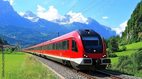 Sleek electric train speeding through a scenic landscape, showcasing modern transportation technology and the beauty of rail travel. Ideal for showcasing innovation in transit, travel articles,