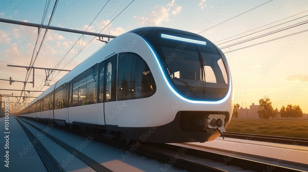 Fototapeta premium Sleek electric train speeding through a scenic landscape, showcasing modern transportation technology and the beauty of rail travel. Ideal for showcasing innovation in transit, travel articles,