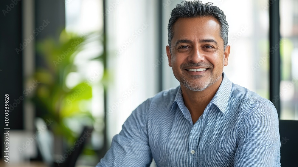 Portrait of a Smiling Middle-Aged Man in a Blue Striped Shirt Portrait of a Smiling Middle-Aged Man in a Blue Striped Shirt