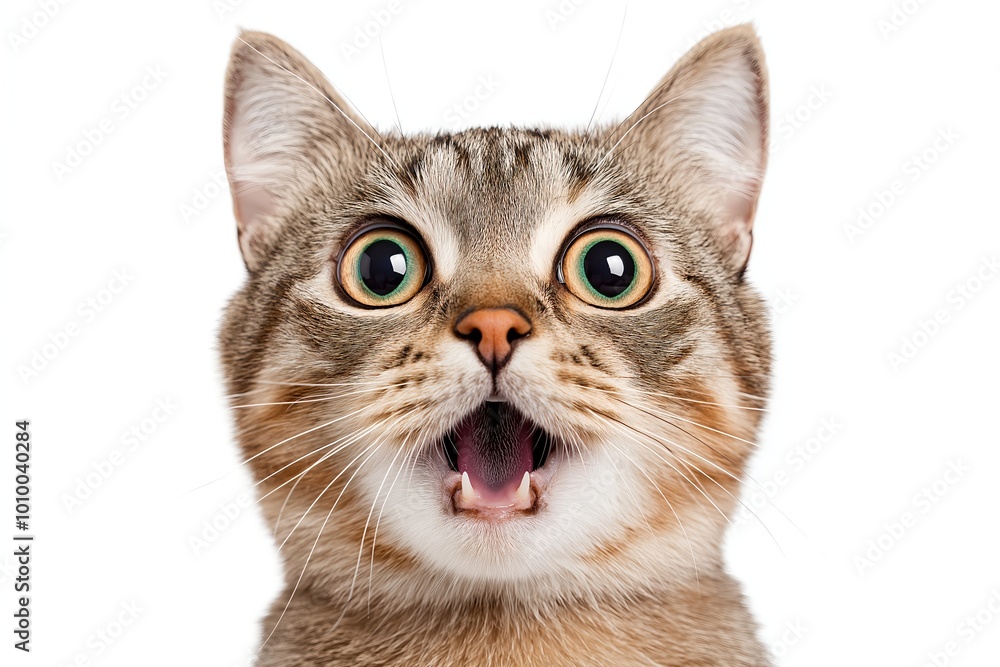 Fototapeta premium Close-up Of A Angry And Surprised Cat Isolated On White Background With A Funny And Excited Expression, Cat Portrait