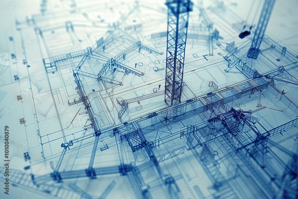 A blue and white drawing of a construction site with a crane, generative ai image A blue and white drawing of a construction site with a crane, generative ai image