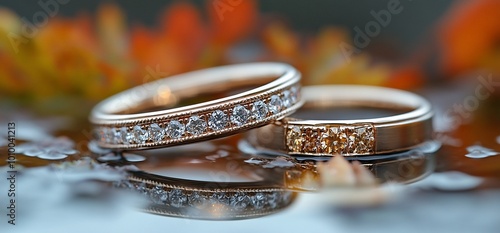 Two elegant wedding rings with diamonds, resting on a reflective surface amidst autumn leaves. photo