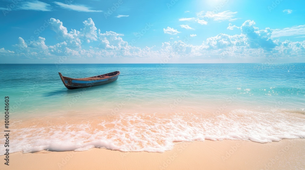 A single boat floating gently on the sea, with soft waves washing up against a pristine white sand beach under the warm sunlight A single boat floating gently on the sea, with soft waves washing up against a pristine white sand beach under the warm sunlight