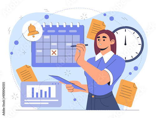 Woman with payment calendar. Young girl with pencil marks calendar. Strateging and scheduling, planning. Accounting and budgeting. Flat vector illustration isolated on white background