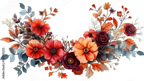 Watercolor Floral Arrangement with Red, Orange, and Burgundy Flowers and Leaves