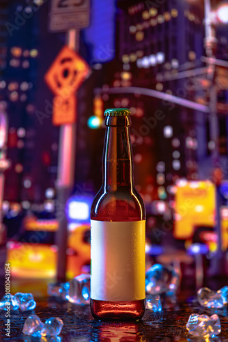 Obraz na plátne Chilled beer bottle is placed on a reflective surface surrounded by ice, with bustling city lights and yellow taxis illuminating the nighttime atmosphere