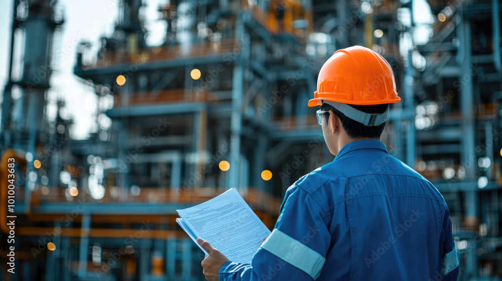 A man wearing a blue shirt and orange helmet is reading a piece of paper. He is standing in front of a large building A man wearing a blue shirt and orange helmet is reading a piece of paper. He is standing in front of a large building