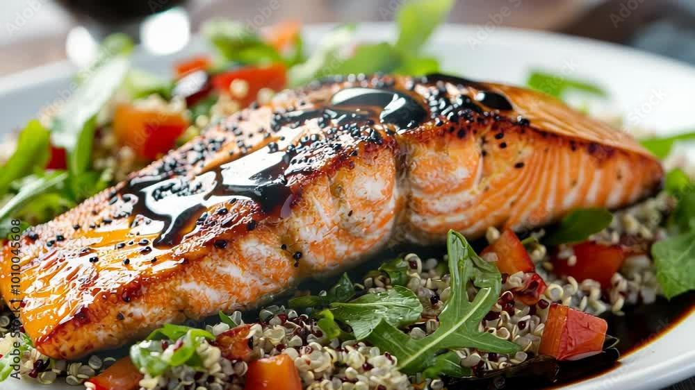 Grilled salmon fillet on a bed of quinoa and fresh greens, garnished for a healthy meal. Grilled salmon fillet on a bed of quinoa and fresh greens, garnished for a healthy meal.