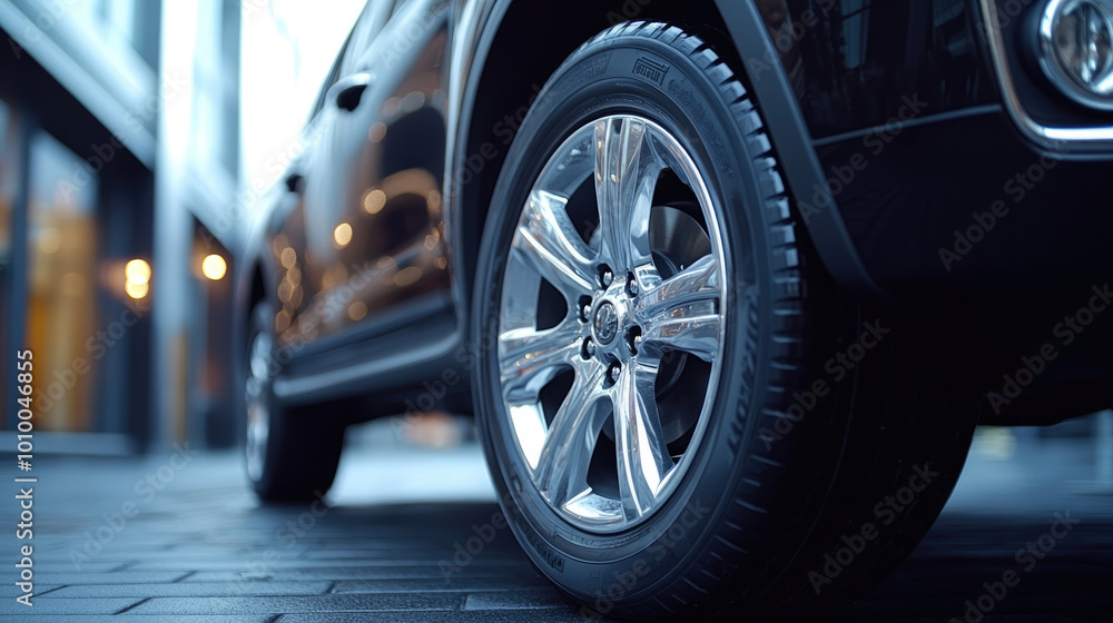 A black car with a shiny tire. The car is parked on a street A black car with a shiny tire. The car is parked on a street