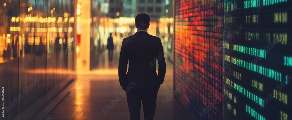 Man in Suit Walking Past a Wall of Digital Data in a City at Night Man in Suit Walking Past a Wall of Digital Data in a City at Night