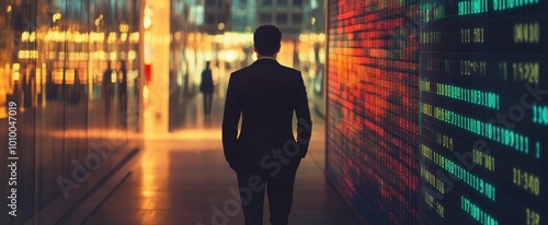 Man in Suit Walking Past a Wall of Digital Data in a City at Night