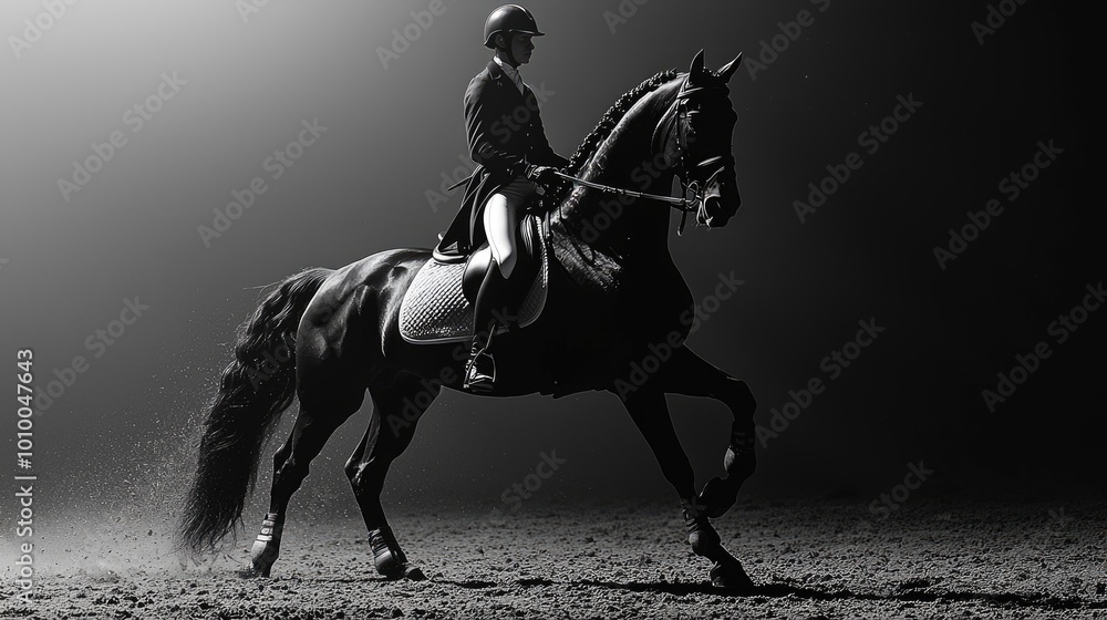 Fototapeta premium Silhouette of a Rider and Horse in Dressage Competition
