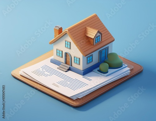 3D miniature house sits atop a stack of legal documents, 3D isometric