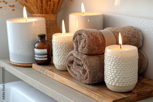 Organized Bathroom Essentials on White Shelf - Space for Copy