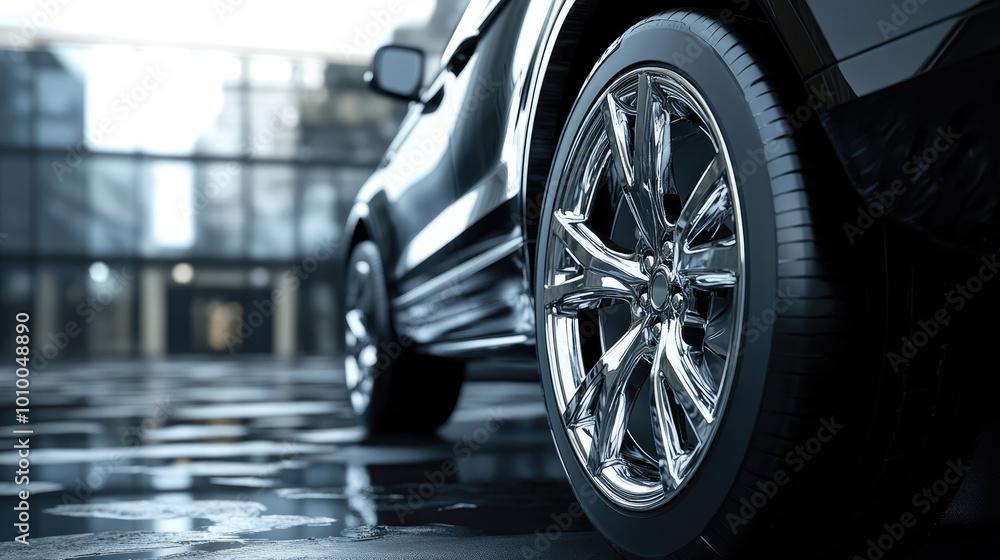 A car tire is shown in a city setting. The tire is shiny and has a black rim A car tire is shown in a city setting. The tire is shiny and has a black rim