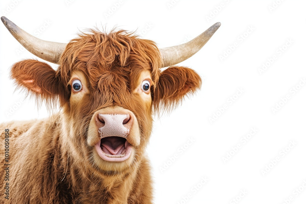 Close-up Of A Angry And Surprised Highland Cow Isolated On White Background With A Funny And Excited Expression, Animal Portrait Close-up Of A Angry And Surprised Highland Cow Isolated On White Background With A Funny And Excited Expression, Animal Portrait