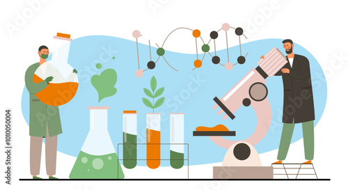 People with scientific experiments. Men with microscope and test tubes with reagents. Chemical scientific research and tests in laboratory. Flat vector illustration isolated on white background