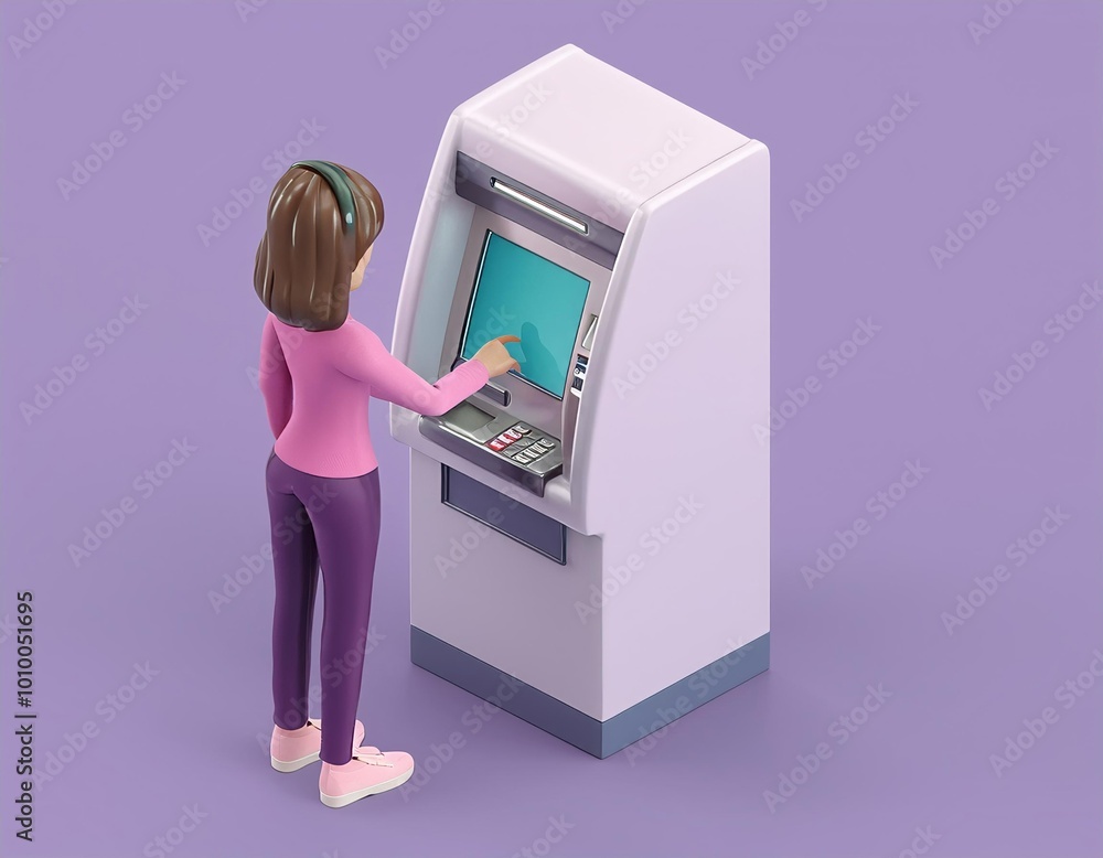 3D woman uses an ATM, 3D isometric 3D woman uses an ATM, 3D isometric