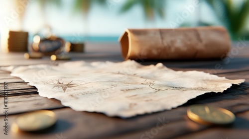 An ancient map lies on a wooden table with coins and compass, suggesting tales of hidden treasures and adventures in a distant, enchanted world. photo