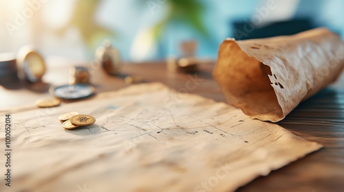 An aged map portraying a treasure route is unfurled beside a compass and assorted coins, bringing to mind maritime adventures in search of hidden gems. photo