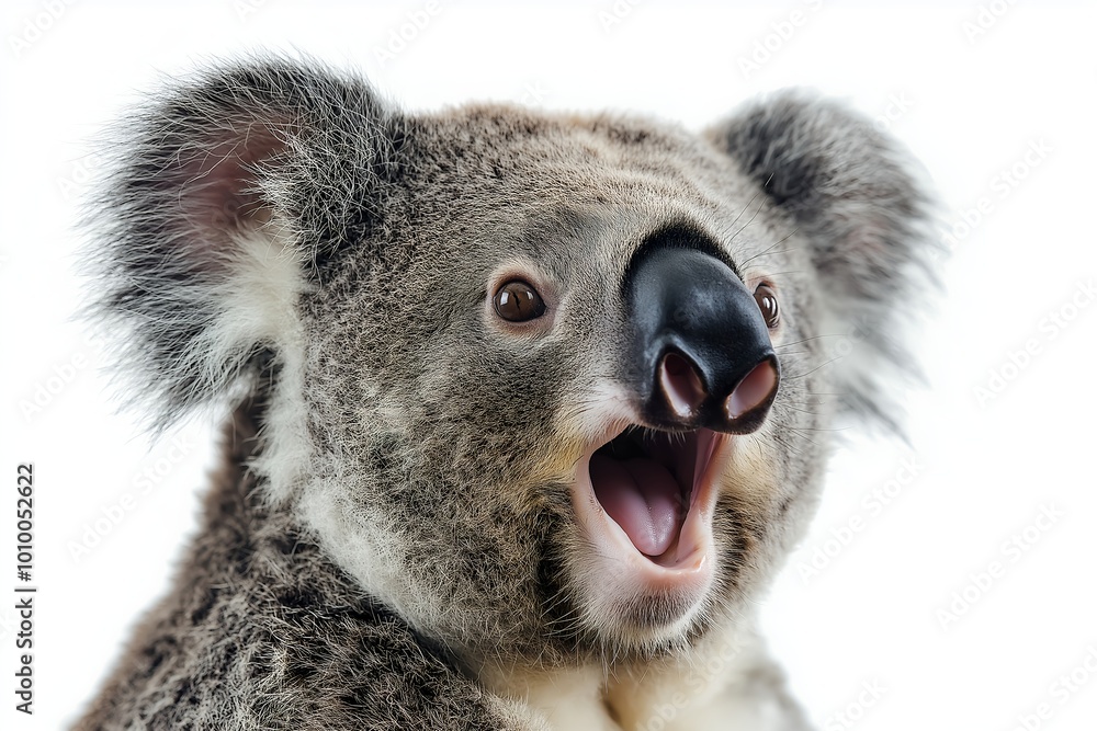Obraz premium Close-up Of A Angry And Surprised Koala Bear Isolated On White Background With A Funny And Excited Expression, Animal Portrait