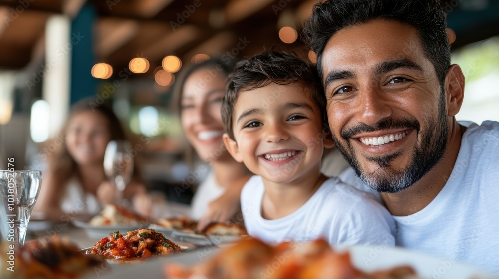 A joyful family of four, smiling and enjoying a delicious meal together in a cozy restaurant setting, capturing the essence of happiness and togetherness. A joyful family of four, smiling and enjoying a delicious meal together in a cozy restaurant setting, capturing the essence of happiness and togetherness.