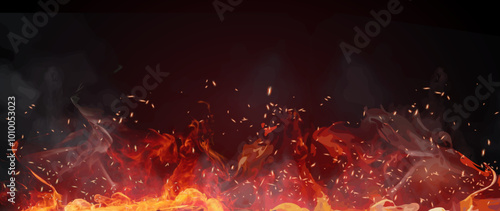 Smoke and flame effect. Coal burn effect. Wallpaper and overlay. Red flame with smoke. Glowing, mist and sparkles. Realistic vector illustration isolated on transparent background