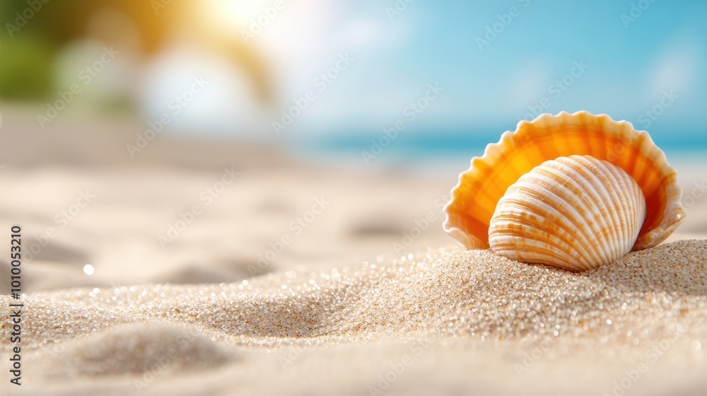 A beautiful seashell lies on sparkling sand, with the tranquil, blue ocean and sky blurred in the background, evoking a peaceful, natural seashore setting. A beautiful seashell lies on sparkling sand, with the tranquil, blue ocean and sky blurred in the background, evoking a peaceful, natural seashore setting.