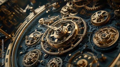 Close-up of intricate gold gears and a hand of a mechanical clock