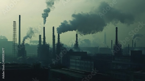 Grim Industrial Landscape: Towering Smokestacks and Billowing Pollution