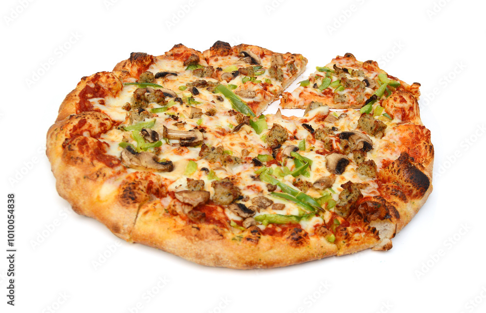 Colorful tasty pizza with olives, pepperoni, ham and pepper, close-up shot, isolated on a white background Colorful tasty pizza with olives, pepperoni, ham and pepper, close-up shot, isolated on a white background