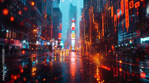 A bustling city street at night with rain reflecting the bright lights of the city.