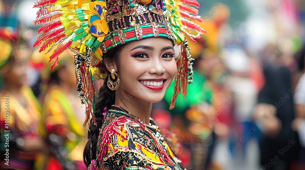 Woman Wearing a Colorful Headpiece and Traditional Clothing Woman Wearing a Colorful Headpiece and Traditional Clothing